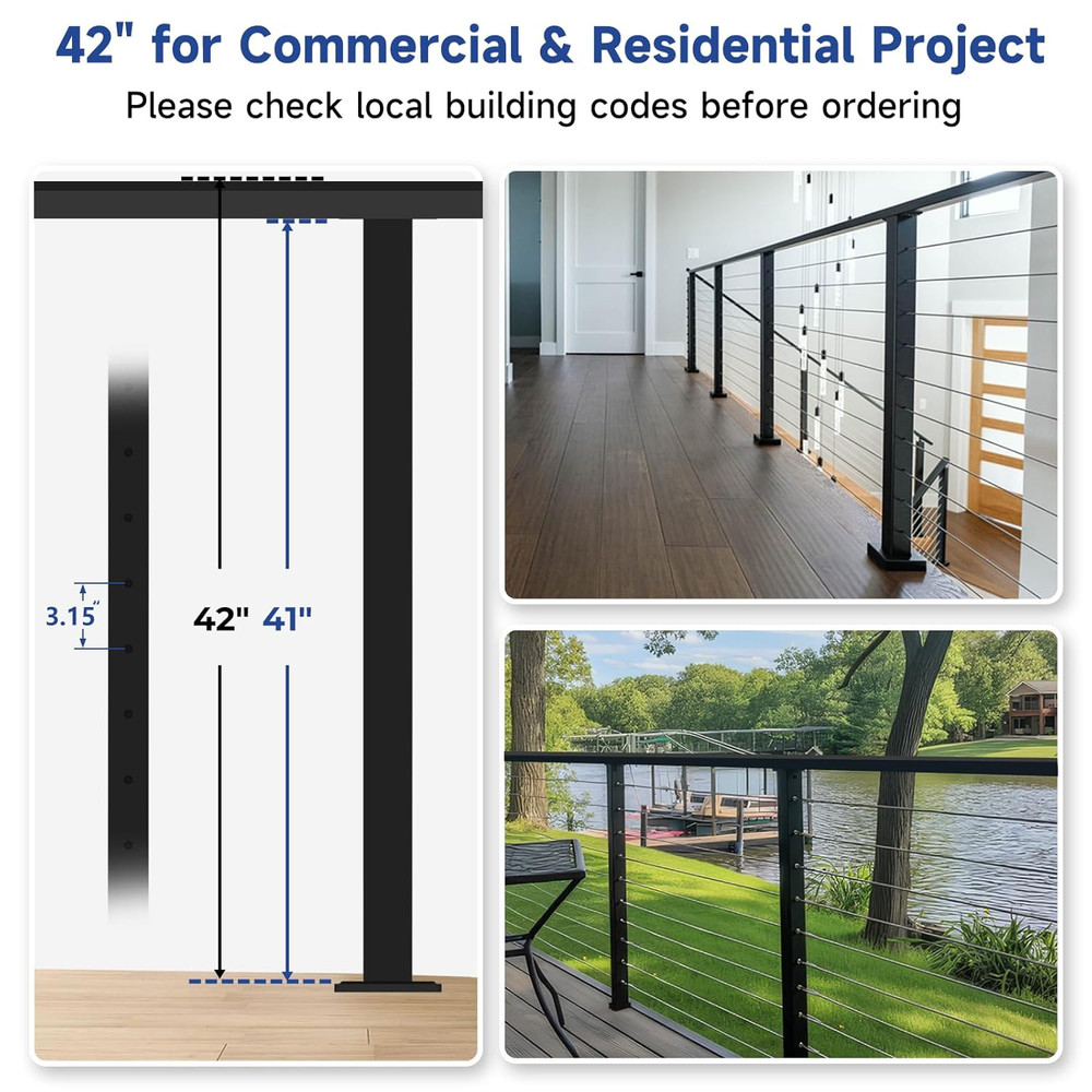 Matte Black 42" Cable Railing Post 4 Pack for Decks & Balconies