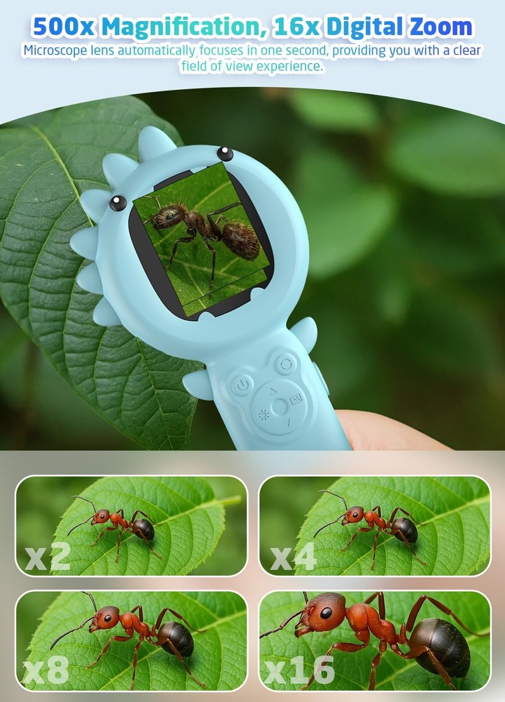 2-in-1 Microscope Camera for Kids, Mini Handheld Blue Dinosaur