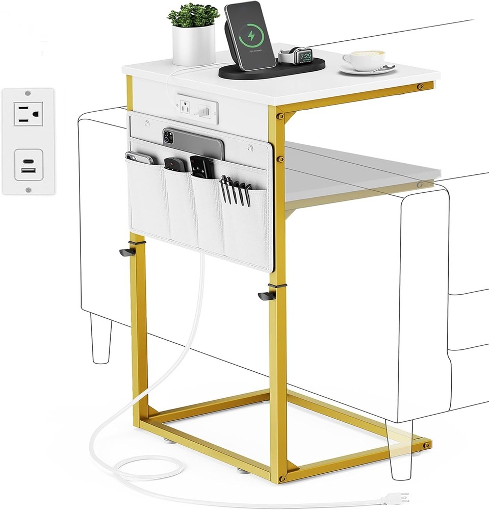 C Shaped End Table W/ Charging Station 33"Tall C Table End Table Adjustable