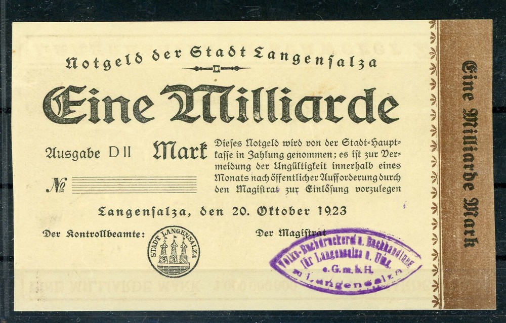 Langensalza 1 a Billion Mark Motgeld Pattern Without Kn 2/19699