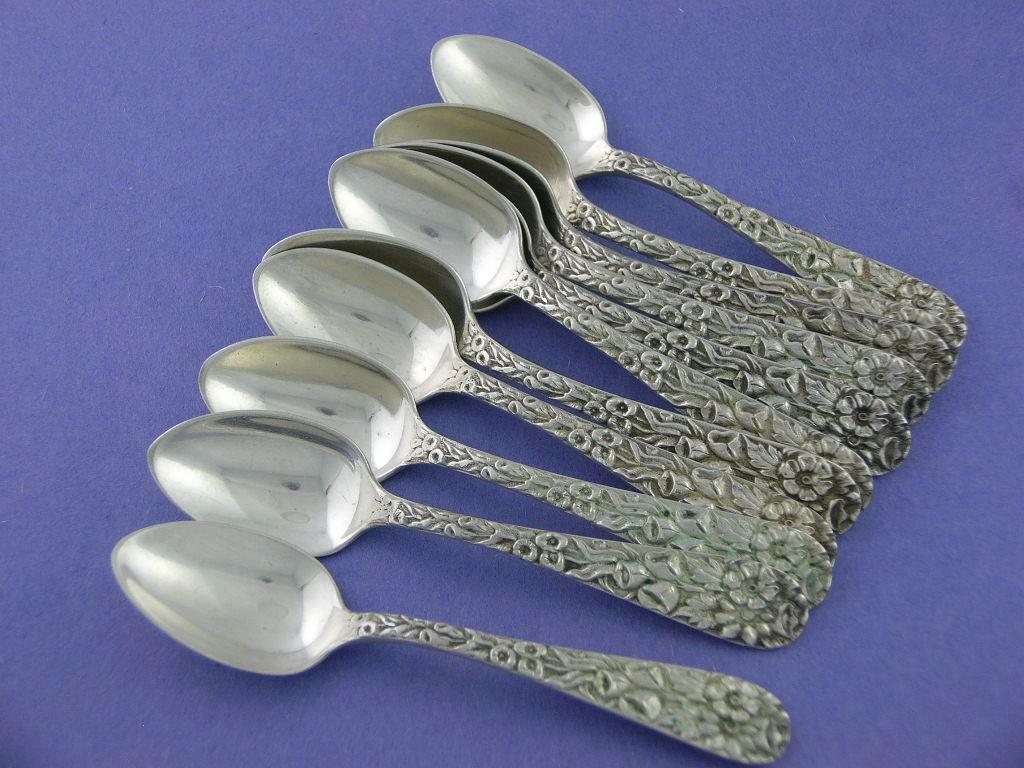 Early Coin Silver S KIRK & SON 4" Demitasse Spoon REPOUSSE 10.15 mark ~ $45 each