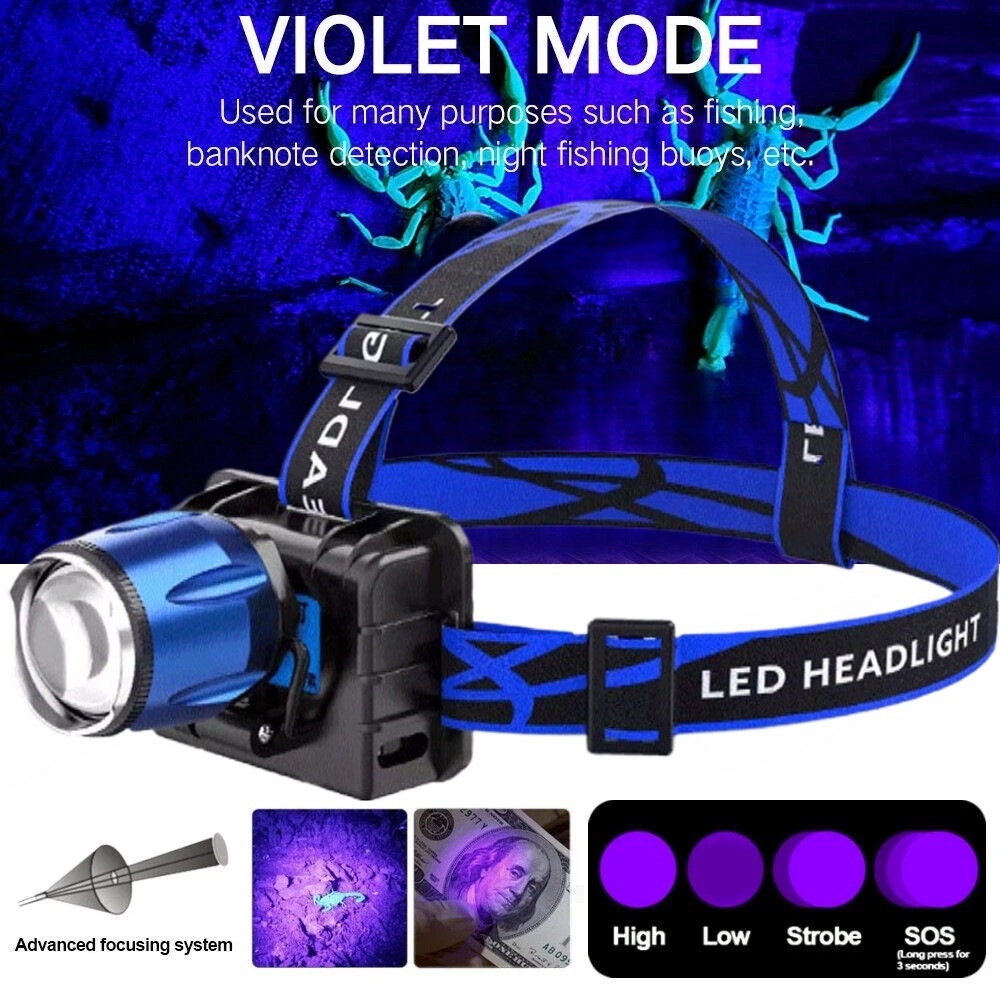 80000LM Powerful UV LED Headlamp Torch Flashlight Violet/White Headlight US
