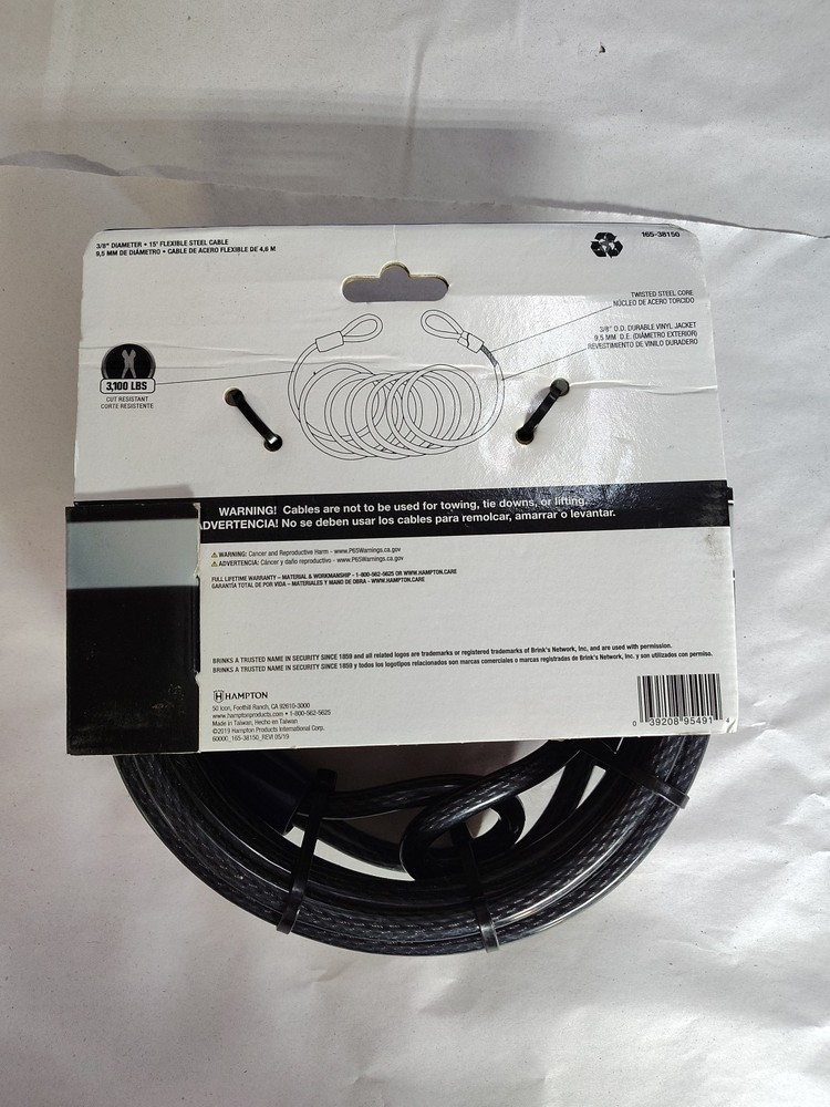 Brinks, Flexweave, Flexible Steel, 3/8in x 15ft Open Loop Cable Lock