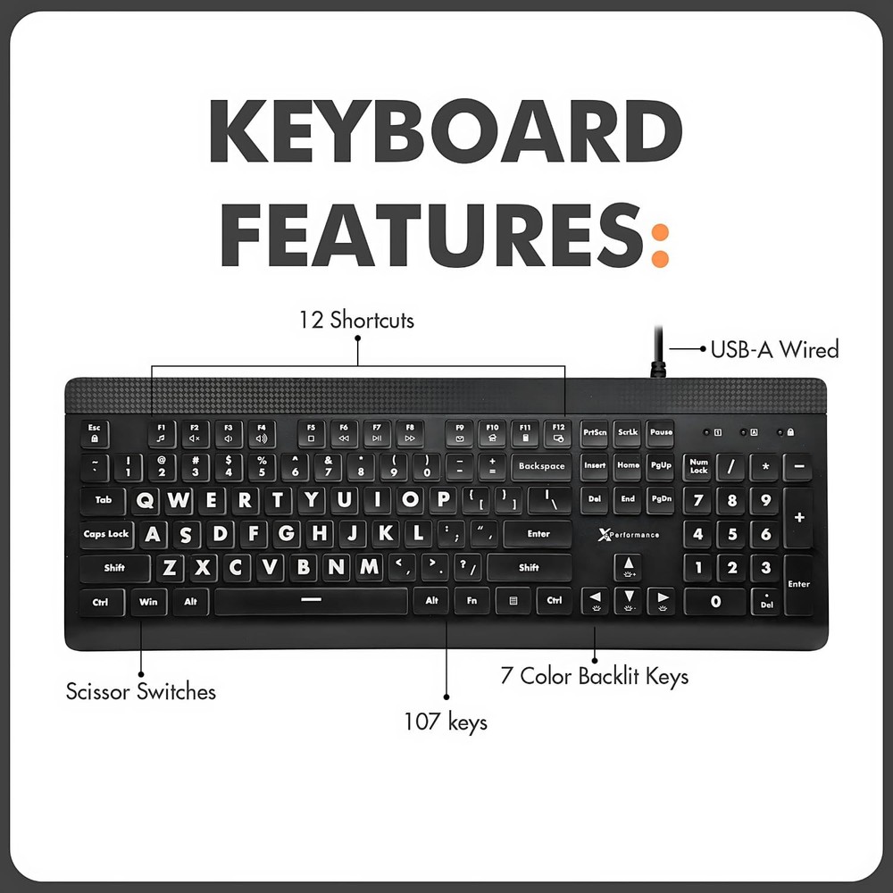 Large Print Keyboard Backlit USB Wired Light Up Keyboard for PC Laptop