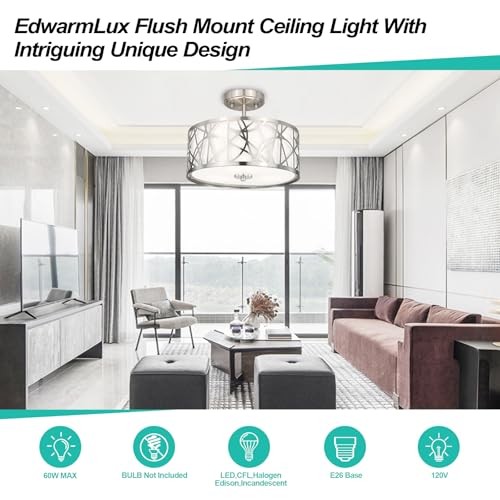 3-Light Semi Flush Mount Ceiling Light, 12.6" Drum Light with Brushed Nickel