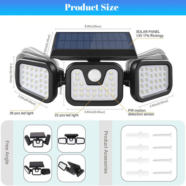 2 Pack 74LED Solar Lights Outdoor Waterproof Motion Sensor Security Lamp 3 Head