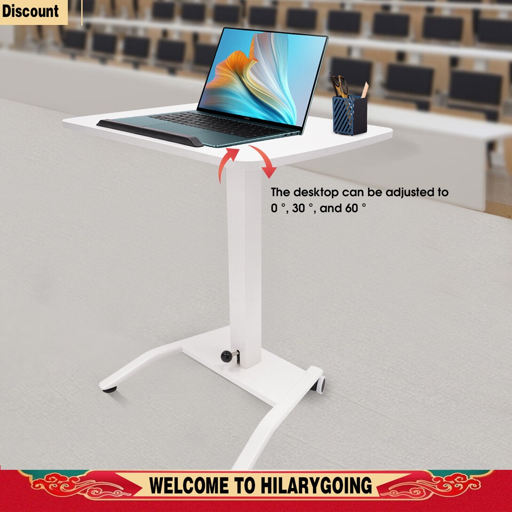 Adjustable 10°-30° Rolling Podium Desk Standing Lifting Computer Desk White