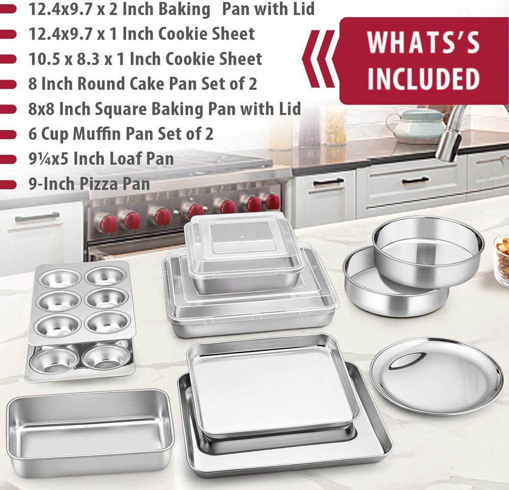 12-Piece Stainless Steel Bakeware Sets, E-far Metal Baking Pan Set Include Round