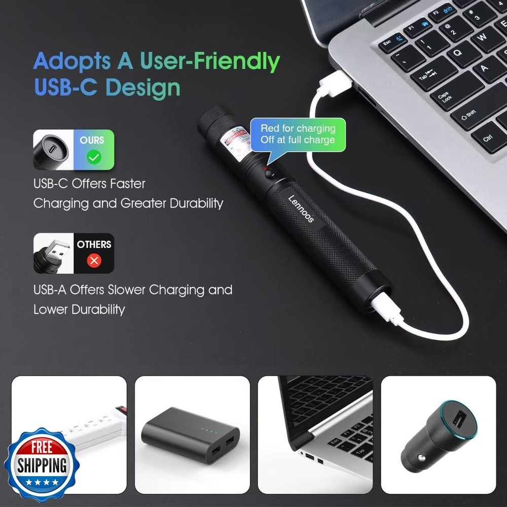 Lennoos USB-C Rechargeable Green Laser Pointer - Advanced Long-Range Laser Po