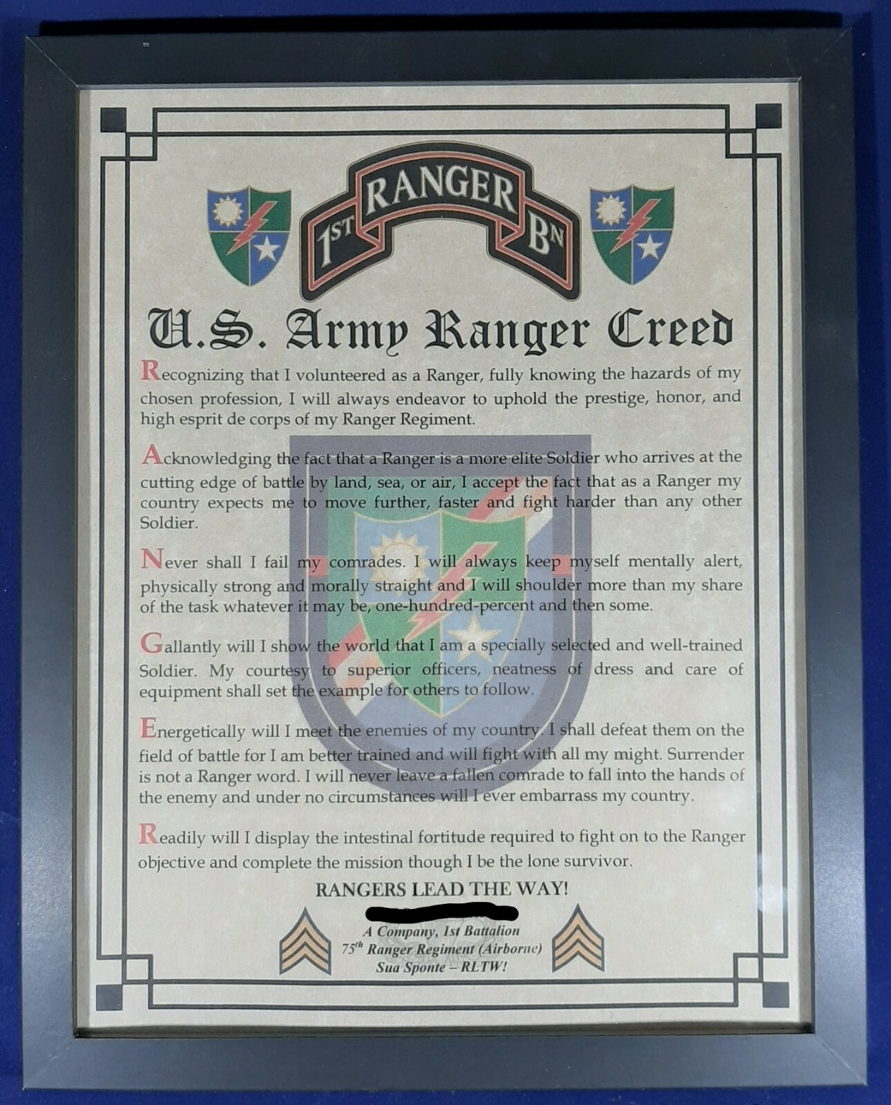 MC-NICE: ARMY Ranger Creed ALL UNITS Framed PERSONALIZED