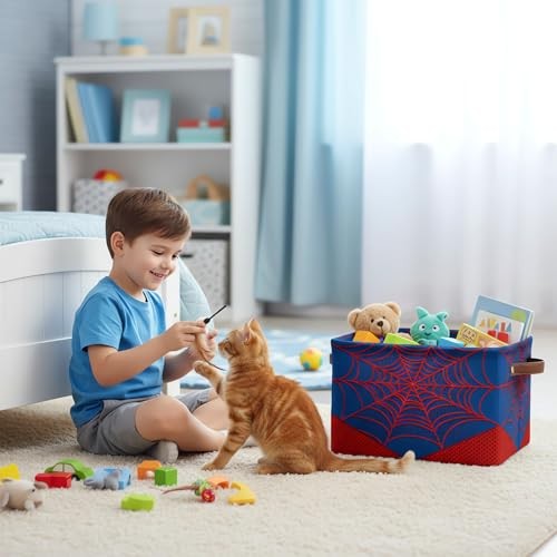 Nursery Decor Storage Bins - Blue Spider Web Large Collapsible Rectangle Shelf