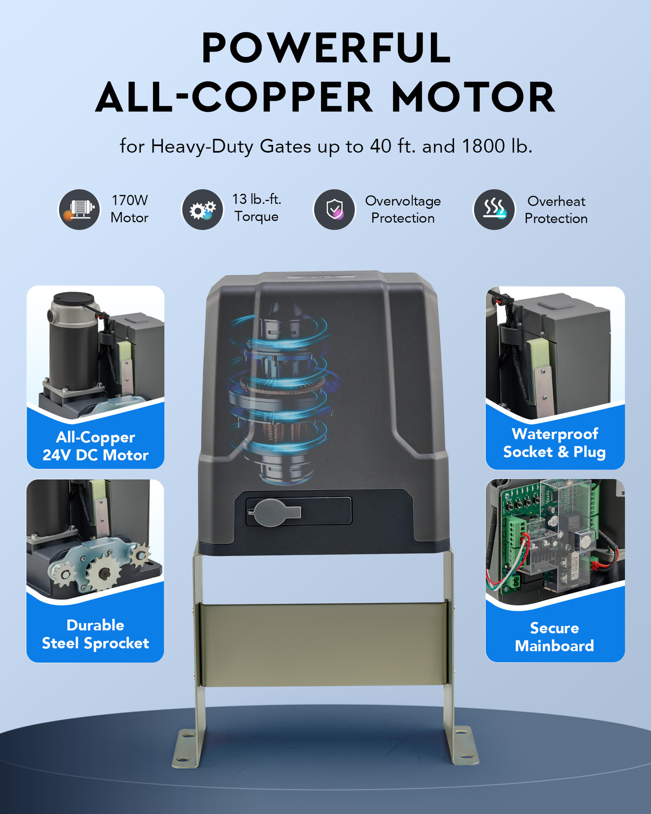 CO-Z Sliding Gate Opener Kit with Solar Panel Remotes for 1800lb 40ft Home Gates