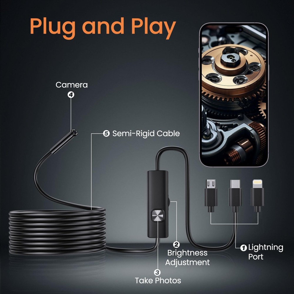 Endoscope Camera with Light, HD Borescope with Dimmable LED, Endoscope Camera...
