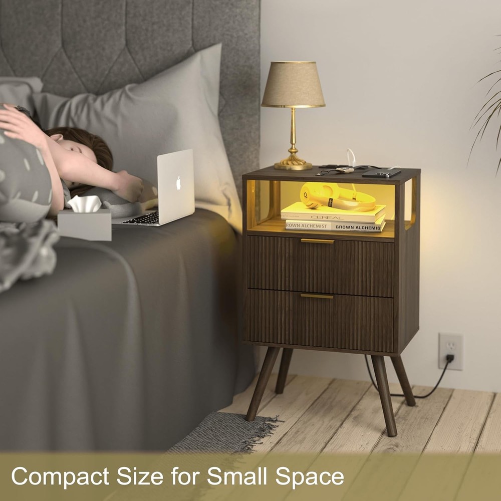 Bedside Table Nightstand with Charging Station and LED Lights 2 Storage Drawer