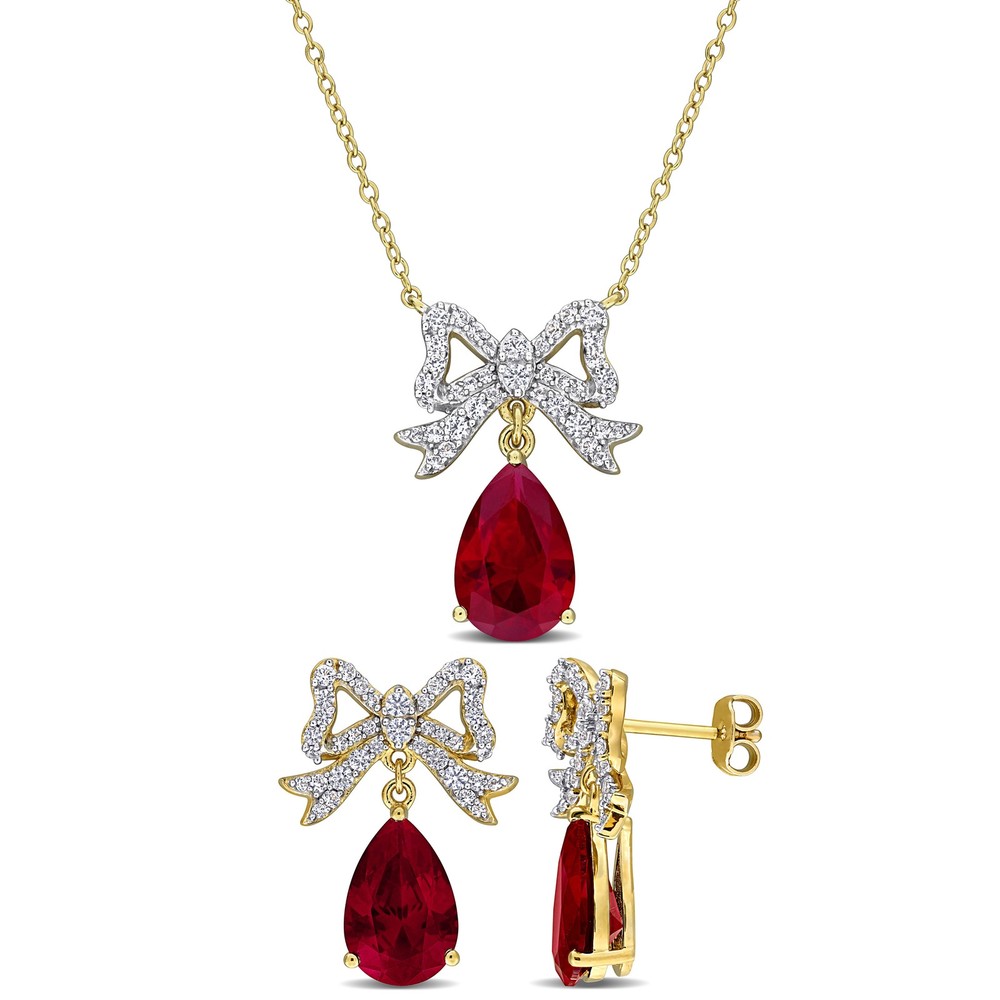 Amour Yellow Silver Created Ruby & Created Sapphire Bow Earrings & Necklace Set