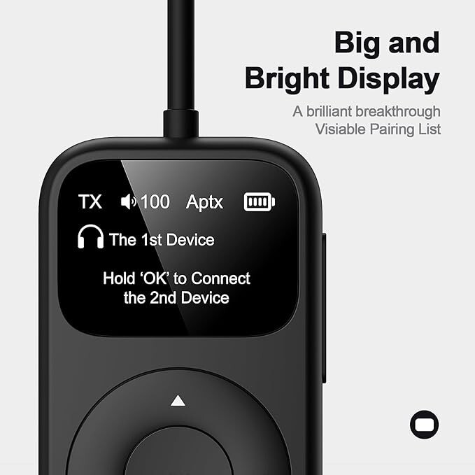 Black Portable, Long battery, Dual Pairing, LED Screen, Bluetooth 5.3 Adapter