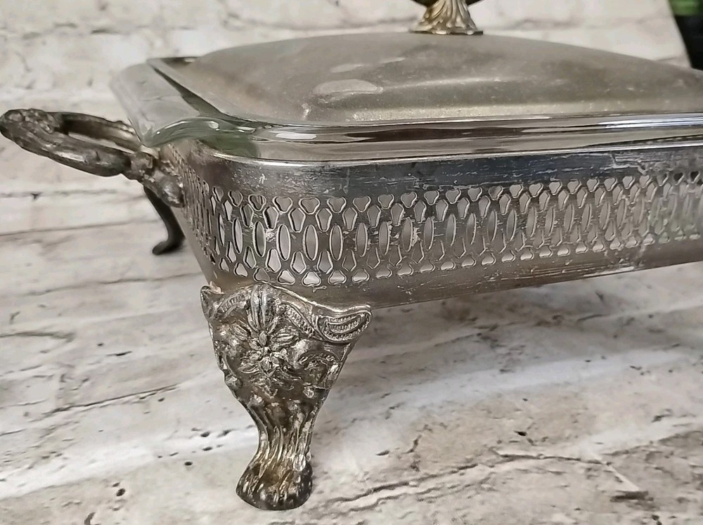 Vintage Silver Plate Footed BUFFET SERVER with Fire King Ovenware Glass Insert