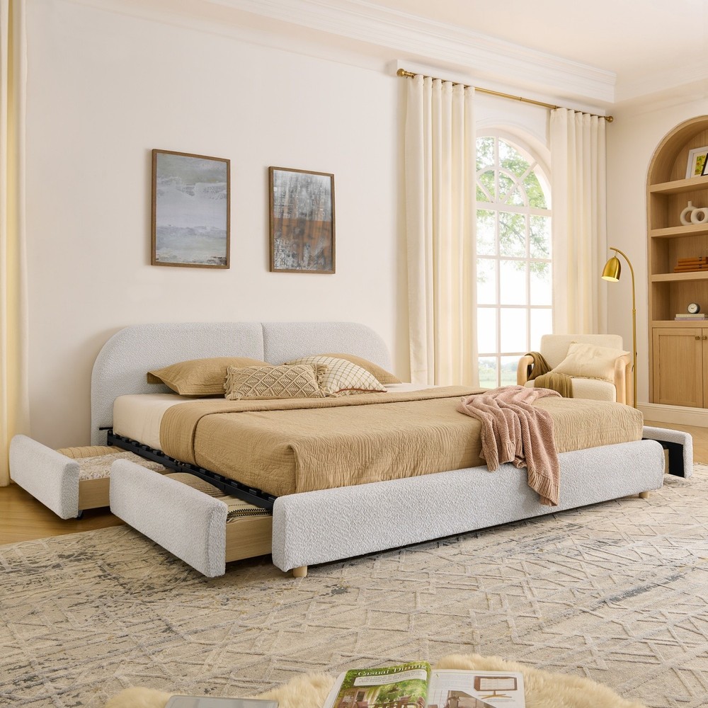 King Size Upholstered Platform Bed Frame with Headboard and 4 Storage Drawers