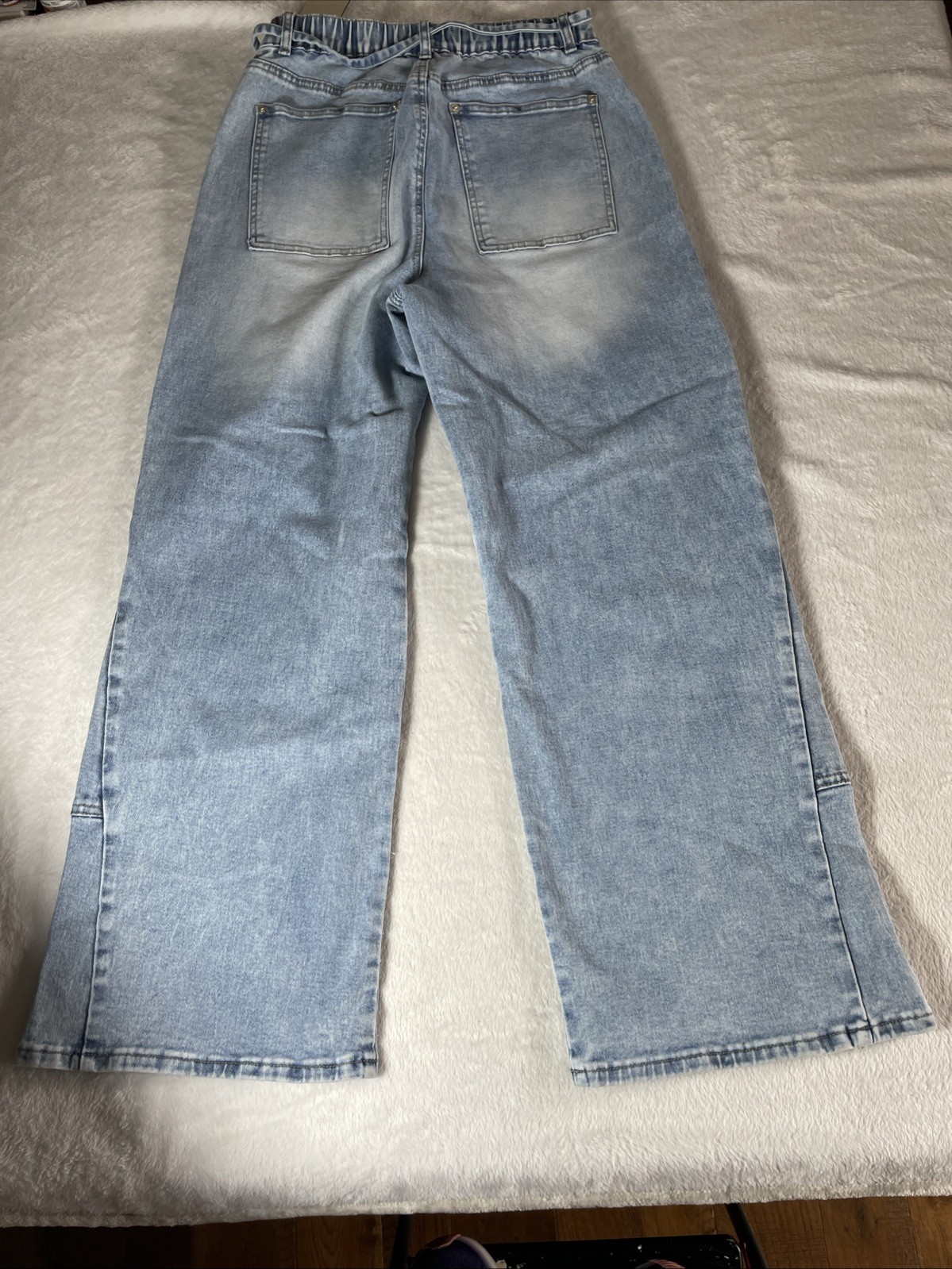 -NWT-Flamingals Wide Leg Jeans Drawstring Mid Waist Baggy Belted Size Large