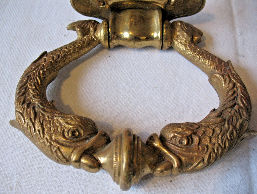Old vintage solid Brass Stylised Dolphins & Sea Shell Door Knocker Pull Handle