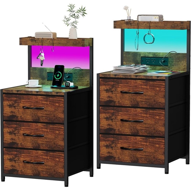 LED Light Strip Charging Nightstand W/ Storage Drawers & Hooks Easy Assembly New