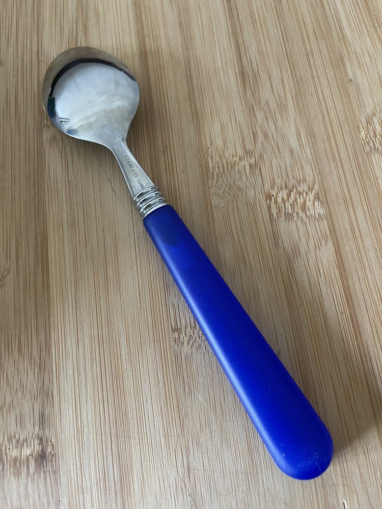 Stainless Plastic Translucent ROYAL COBALT BLUE Teaspoon 6 5/8" EUC
