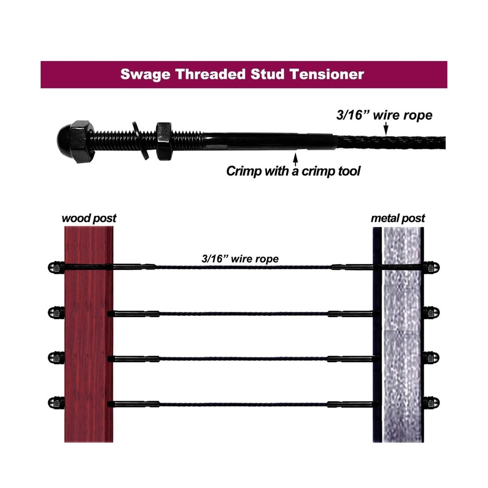 3/16 Black Cable Railing Hardware,Cable Railing System Kit,Stud Tensioner 50p...