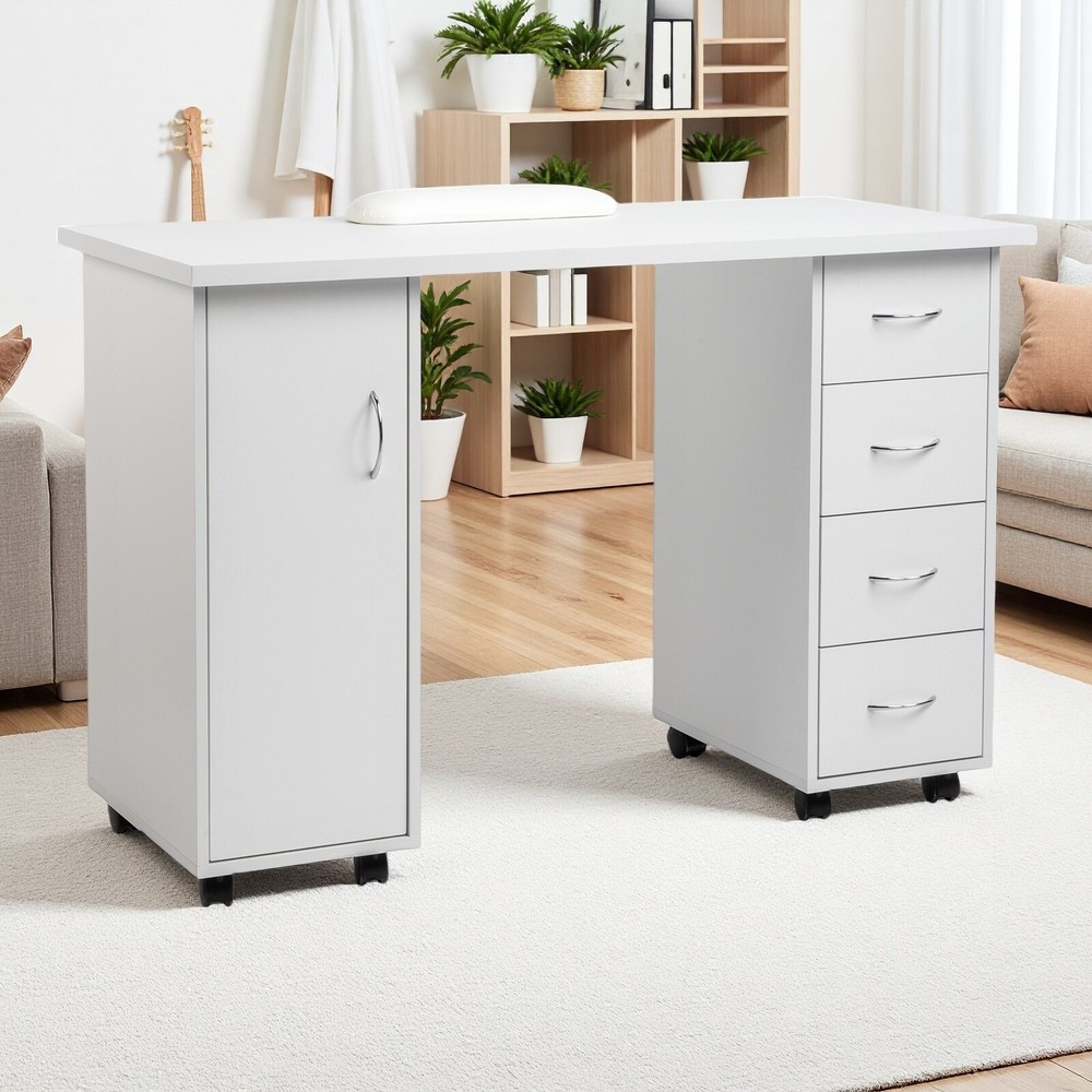 Rolling Computer Desk - White, 4-Drawer, 2 Shelves Storage & MDF ​Nail Table​