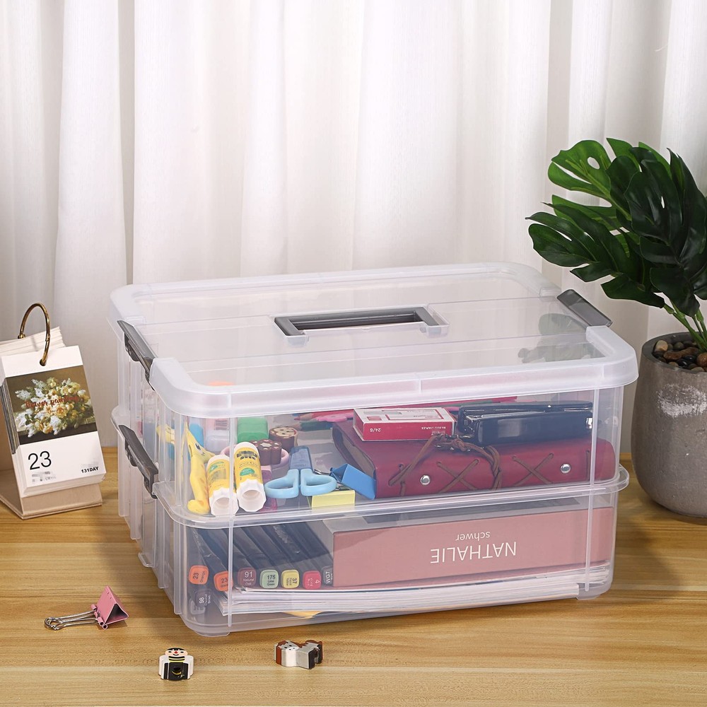 2 Layer Stack & Carry Box Plastic Multipurpose Portable Storage Container Box Ha