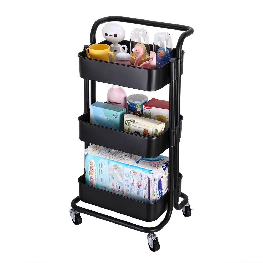 3-Tier Metal Rolling Utility Cart Multi-function Organizer Shelf Kitchen, Black