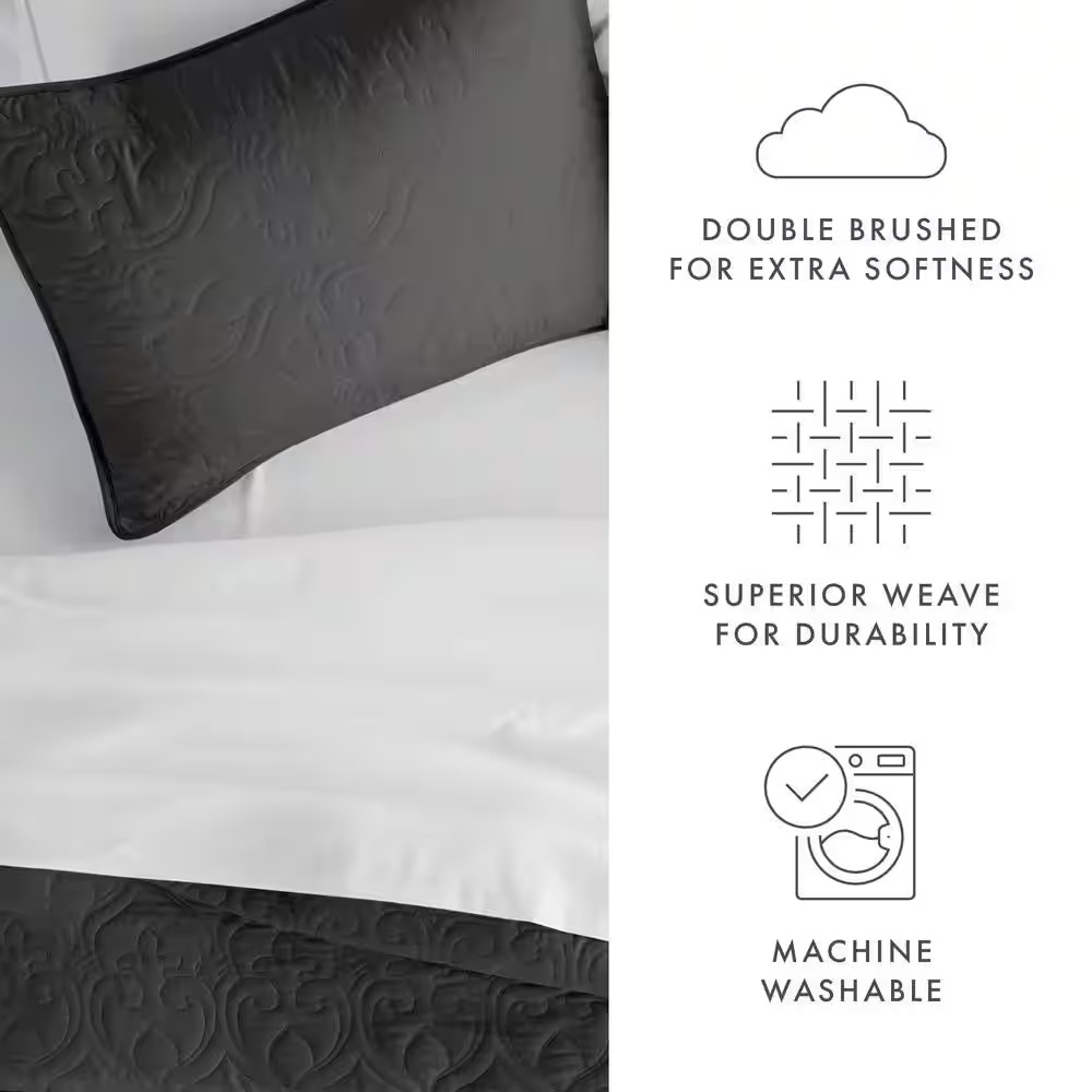 Damask Gray Microfiber Twin Performance Quilted Coverlet Set