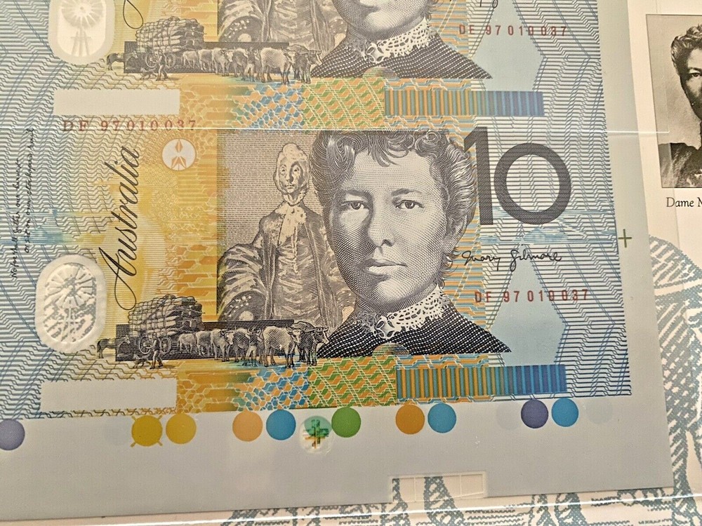 AUSTRALIA LAST PREFIX $10 DF97 MACFARLANE/EVANS UNC RED BLOCK  4 UNCUT FOLDER .