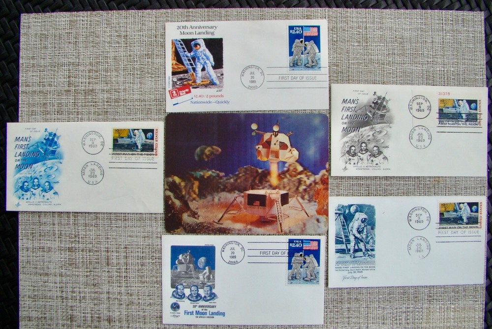 C76 & 2419  - 7 FDCs MOON LANDING Items-  Various Cachets &  Vintage 3D Postcard