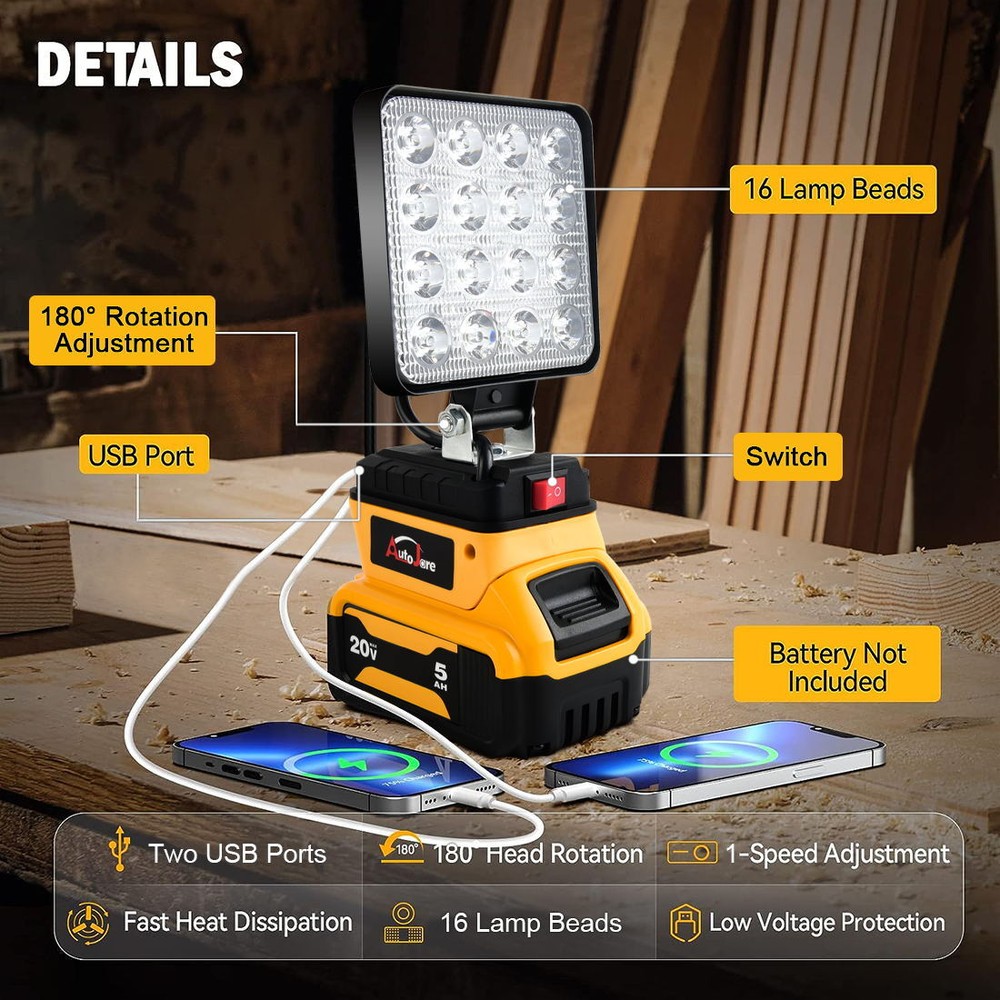 Cordless Led Work Light For Dewalt 20V Battery,Portable Flood Light Flashlight