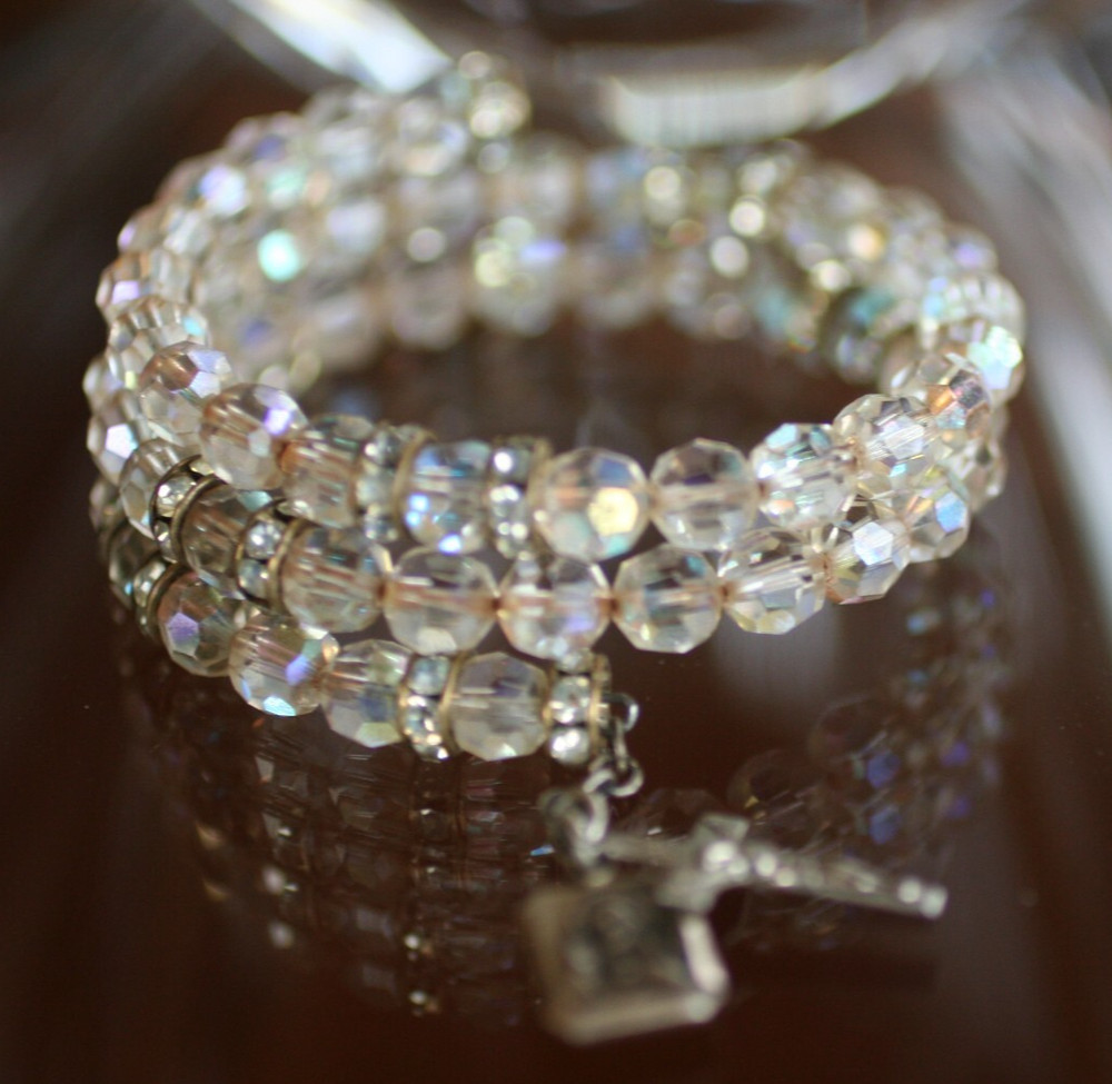 vint ++ BRILLIANT CAP STERLING FULL 59 BEADED ROSARY CRYSTAL WRAP BRACELET ++