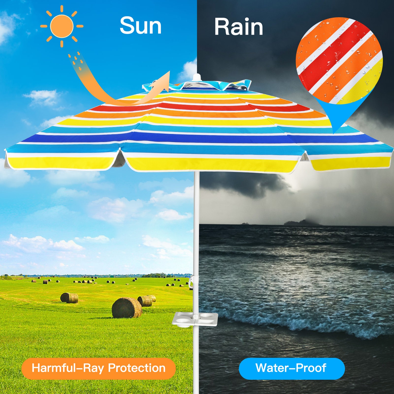 7.2ft Beach Umbrella Outdoor Patio Garden w/ Carrying Bag Sand Anchor Rainbow