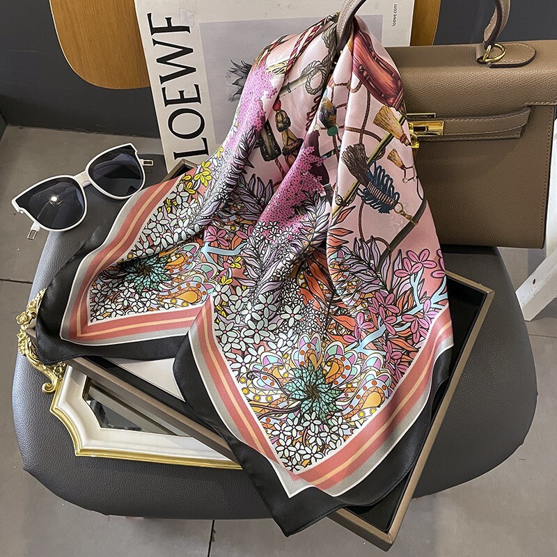 100% Silk Square Scarf Women Vintage Pink Black Kerchief Headscarf Wrap 68*68cm