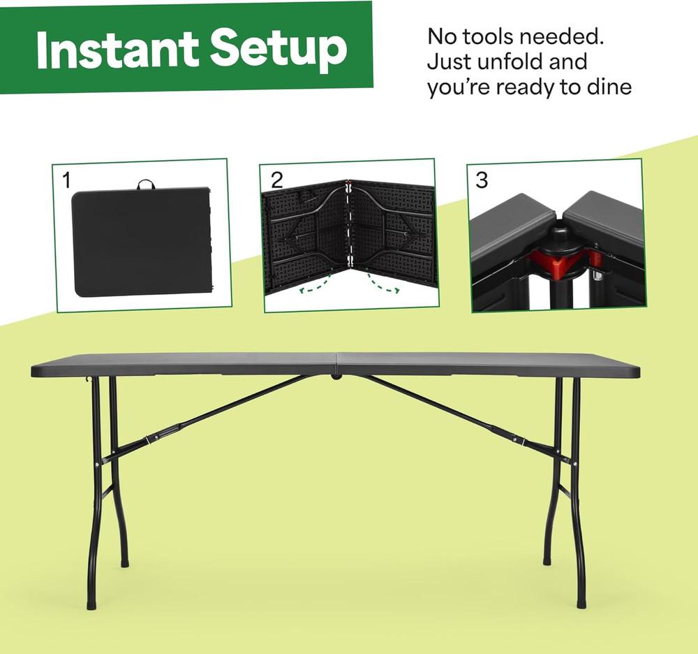 Black 8Ft Folding Table with Handle | Heavy-Duty Foldable Table | Portable Table