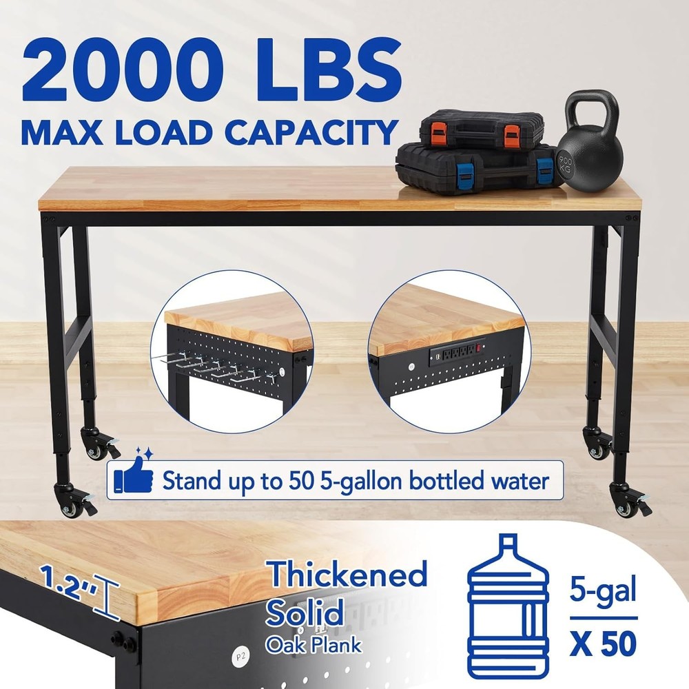 Adjustable Height Workbench 72"L x 25"W Work Bench Table w/ Power Outlets 2000 L