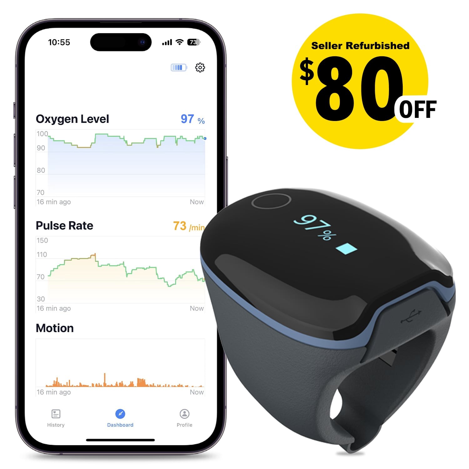 Wellue O2 Ring Pulse Oximeter SpO2 Continuously Record O2Ring Heart Rate Monitor