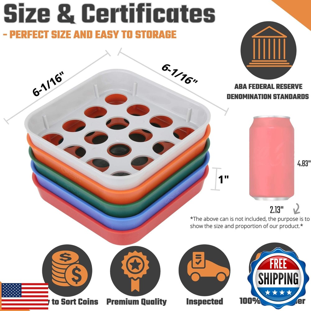 Coin Sorting Tray and Coin Separator- 5 Color-Coded Change Sorter Tray Bundle