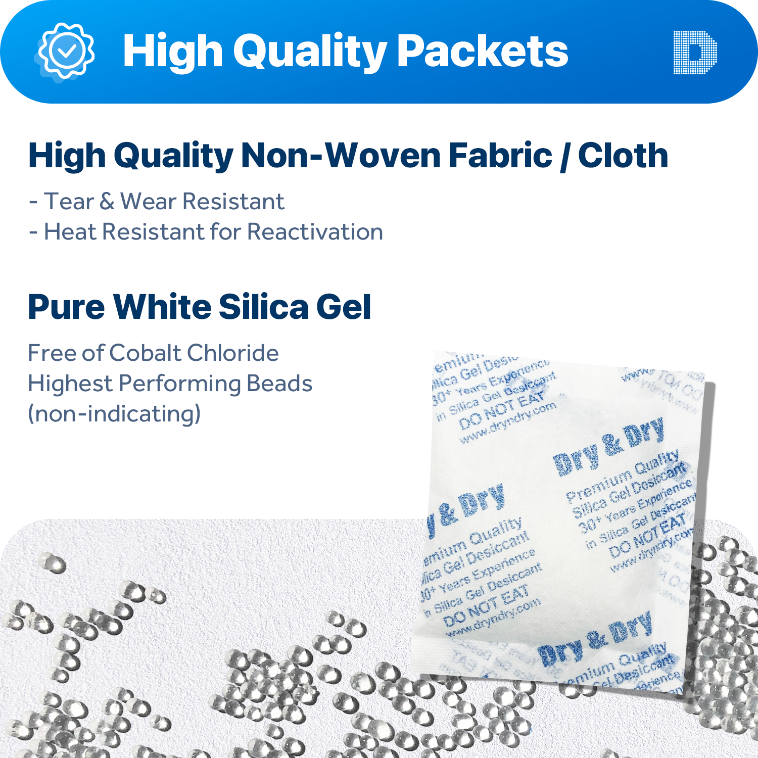 50 gram X 15 PK "Dry & Dry" Premium Silica Gel Packs - 2 Humidity Indicator Card