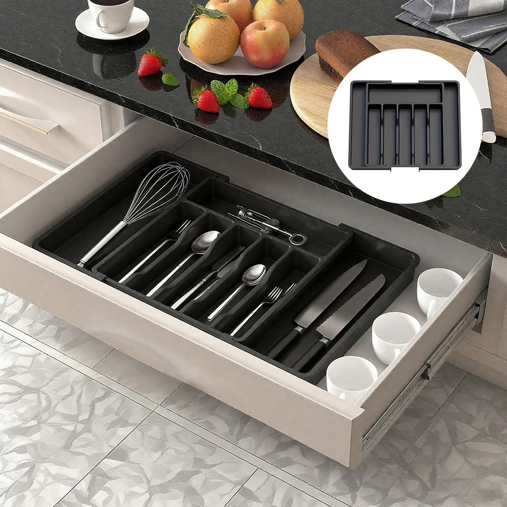 YRXEFY Expandable Silverware Drawer Organizer, Adjustable Utensil Tray Black