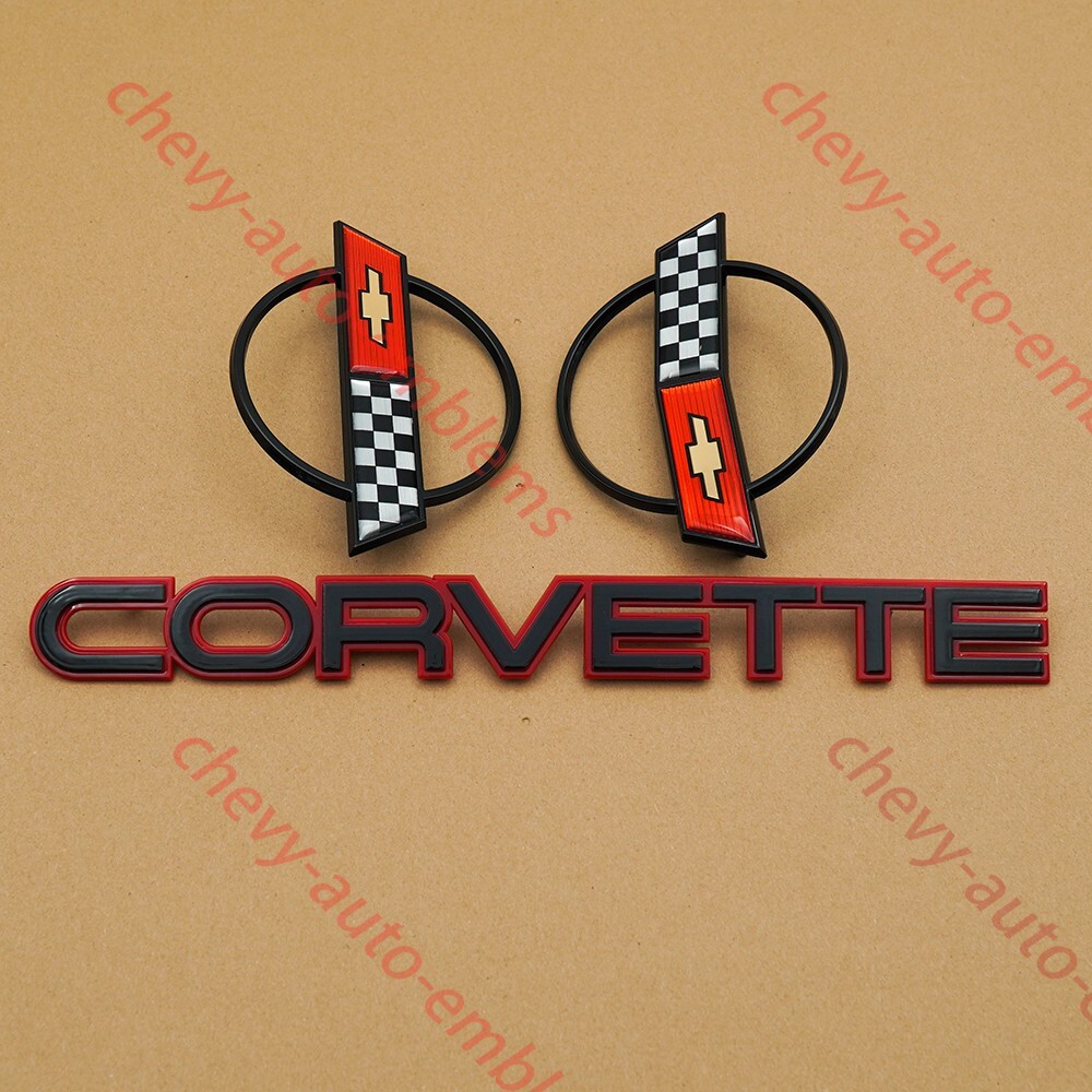 Set of 3 Black 84-96 C4 Front Nose & Rear Gas Lid Emblems Script Letters Badges
