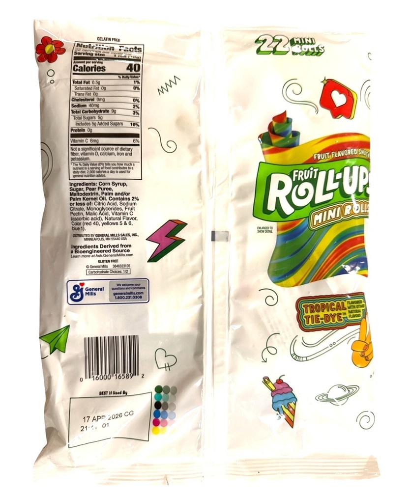 Fruit ROLL-UPS Mini Rolls 22pc TROPICAL TIE DYE Fruit Candy INDIVIDUALLY WRAPPED