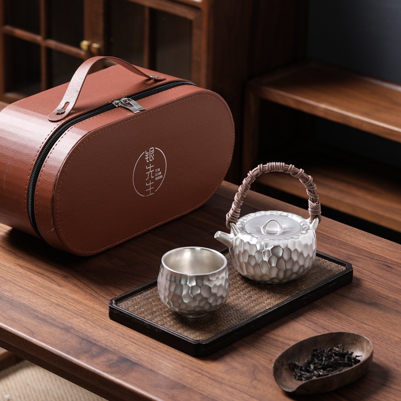 KungFu Tea Set 999 Sterling Silver Pot Cup Ceramic Hammer Pattern Portable Set