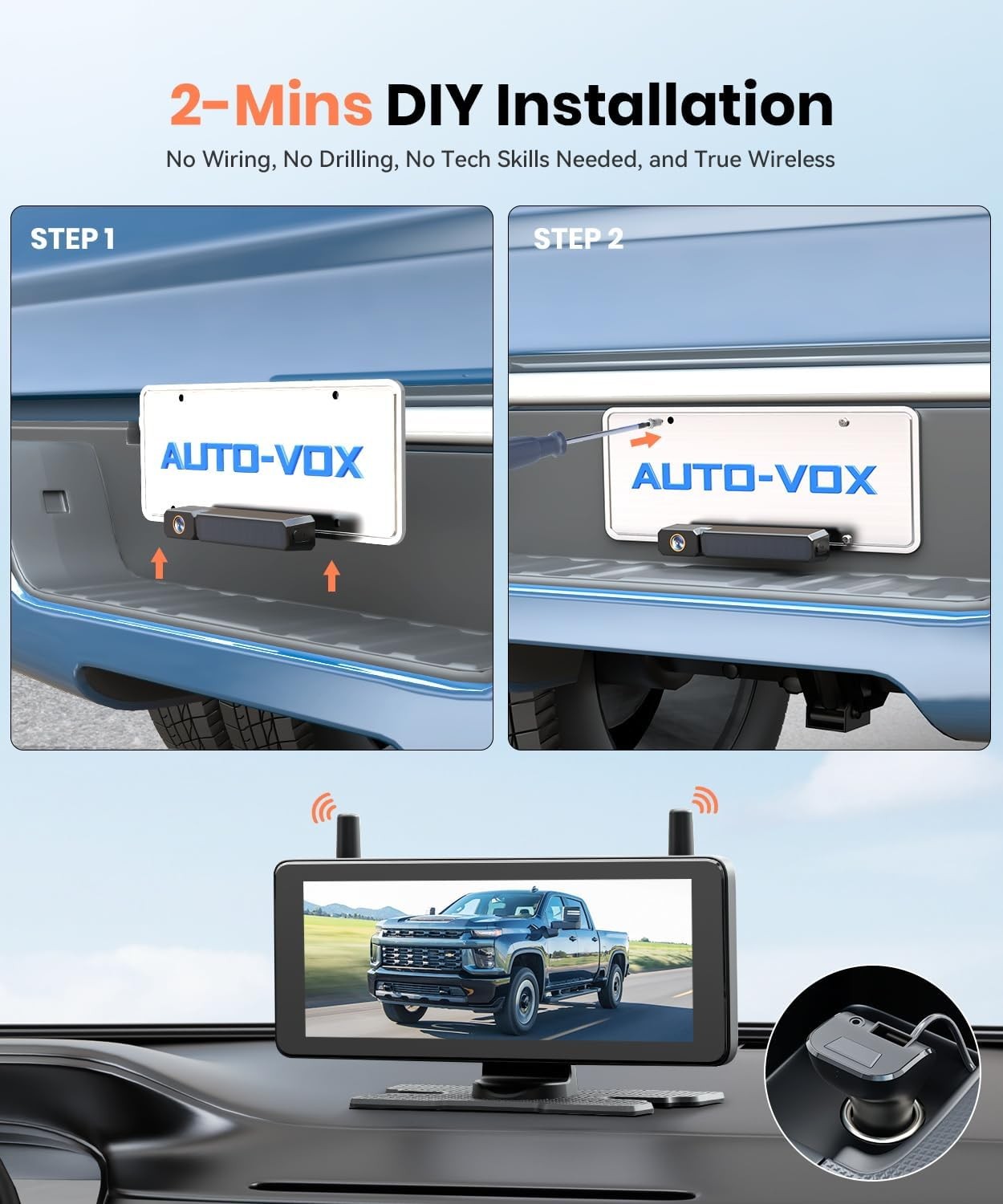 AUTO-VOX 7.2" 1080P DVR Solar Wireless Backup Camera System & 2 Channels Cameras