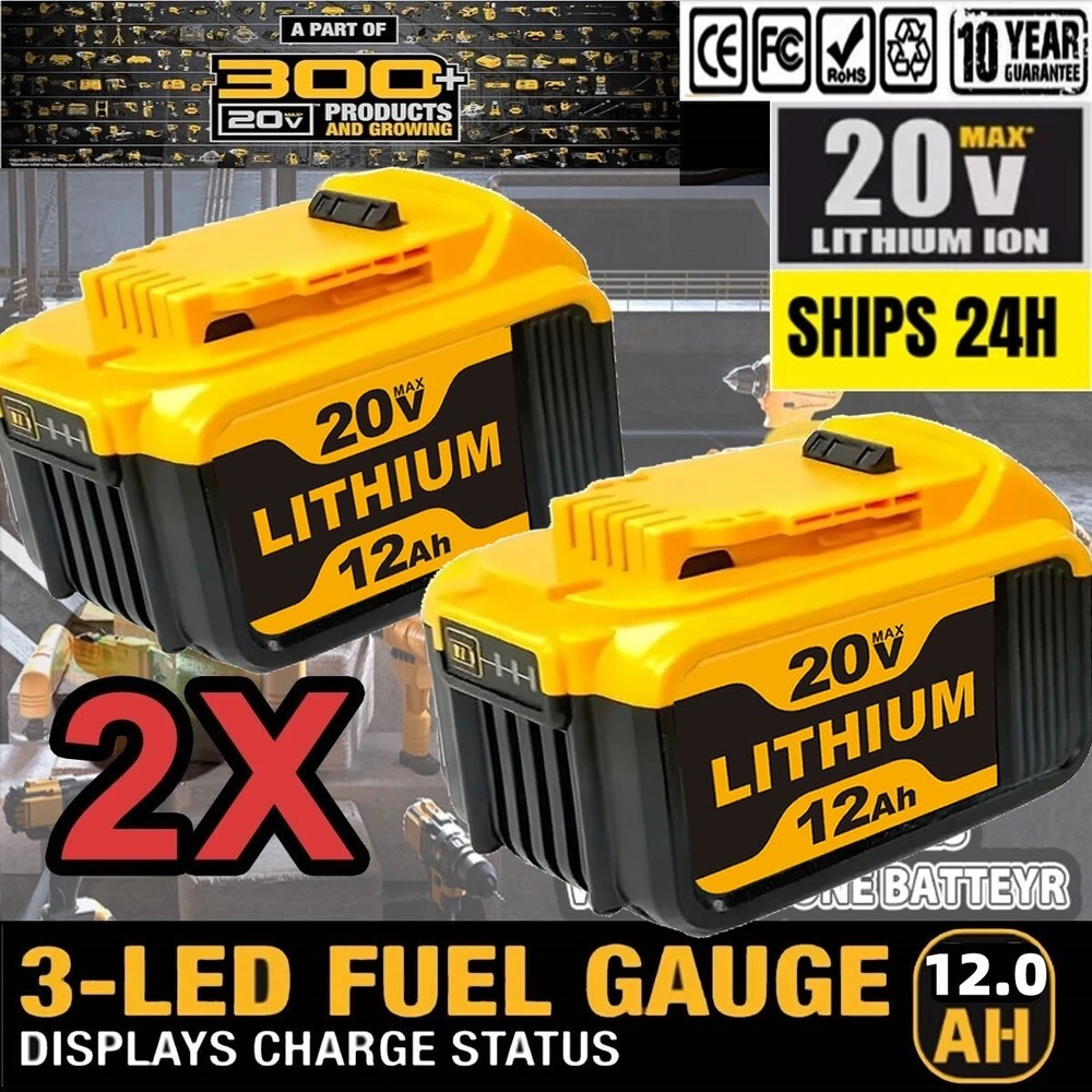 2 Pack 20V 12Ah Lithium-lon Battery Replacement for Dewalt -Compact XR Design