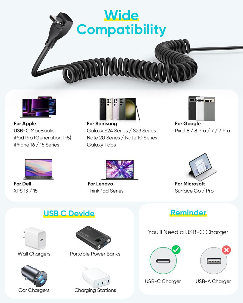 Right Angle Coiled USB C Cable 5FT [Recommended Stretch Length:1.3Ft-3.3Ft] 1Pac