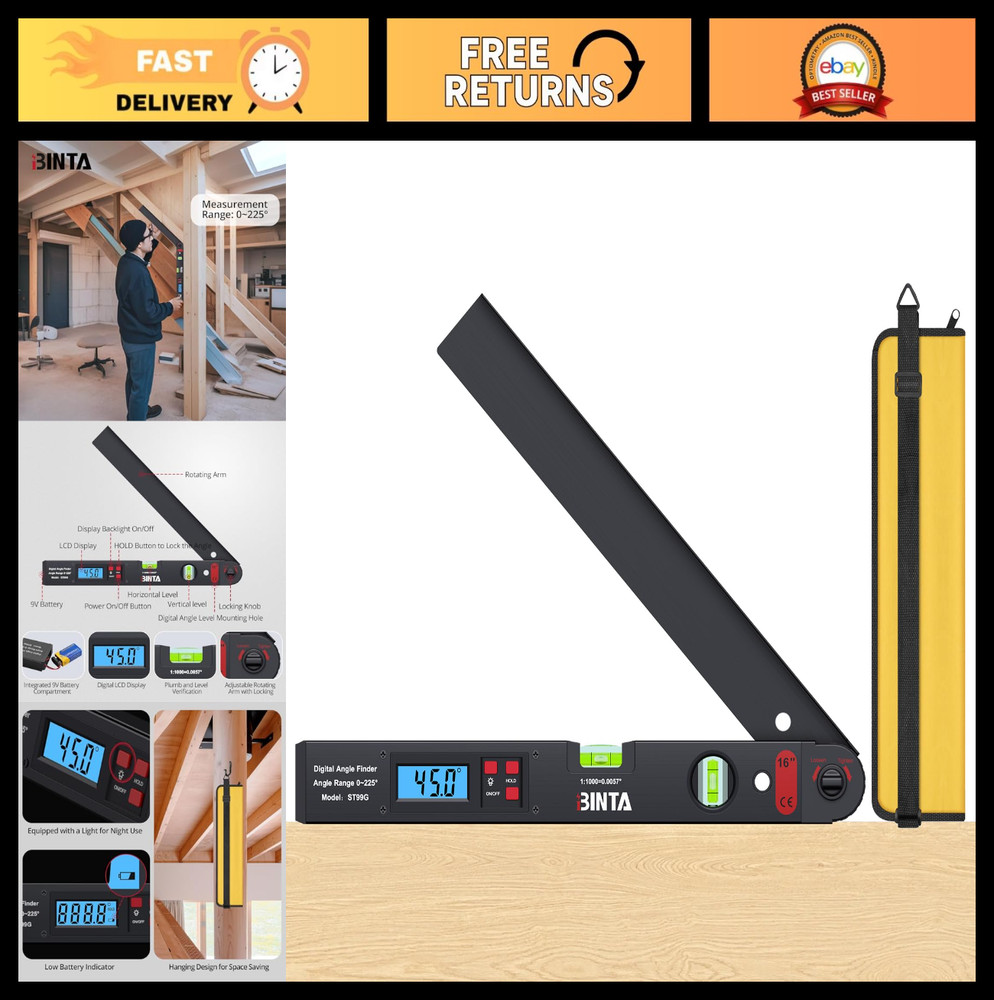 Digital Angle Finder Protractor 0-225° Range, Backlit LCD, Dual Bubble Level, St